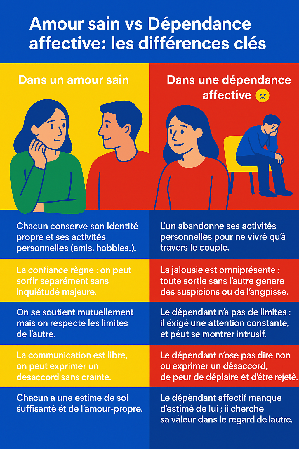 Infographie : amour sain et dépendance affective, les différences clés dans le couple