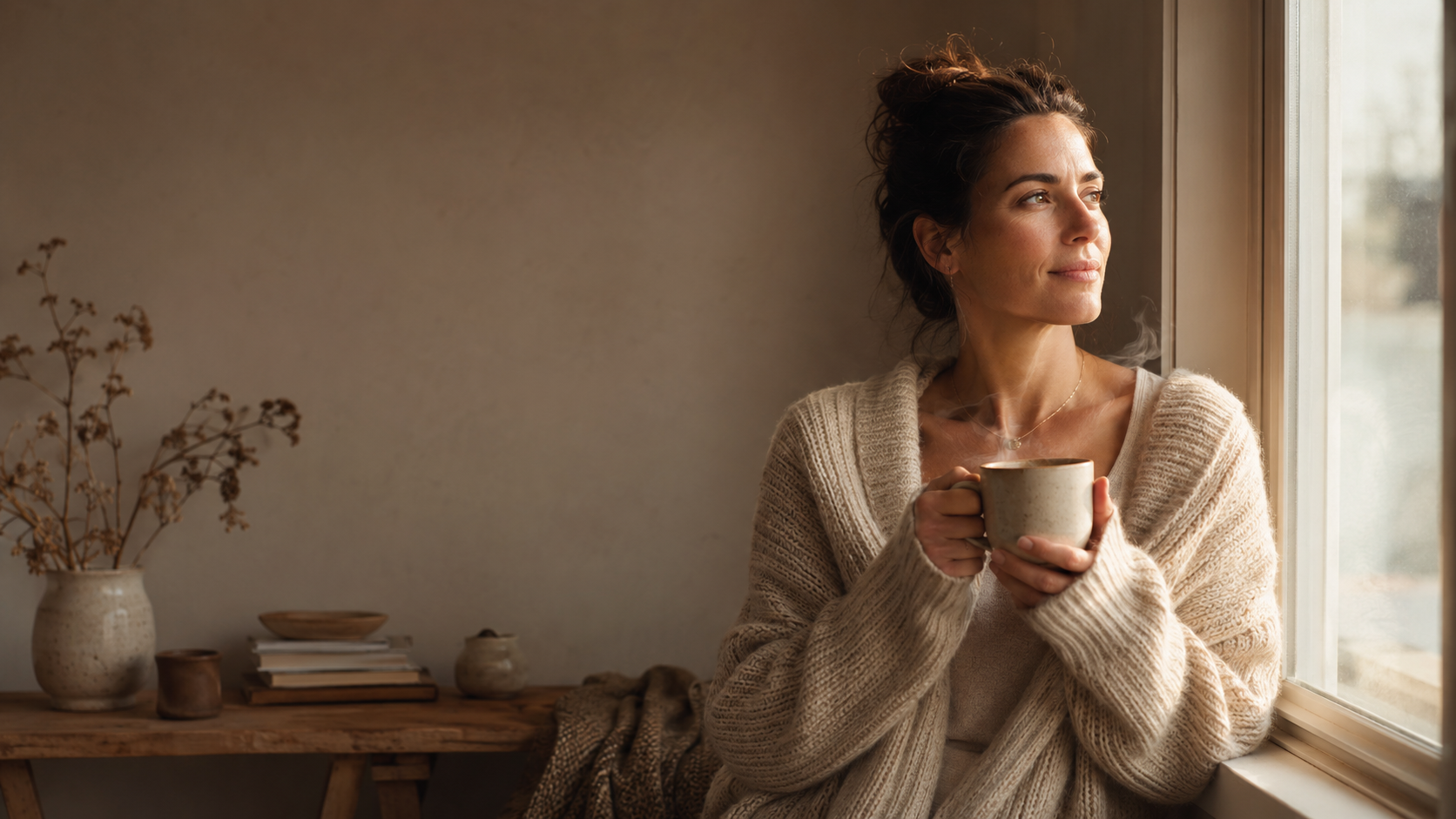 Femme apaisée près d'une fenêtre dans une lumière douce, sur le chemin pour guérir d'une dépendance affective