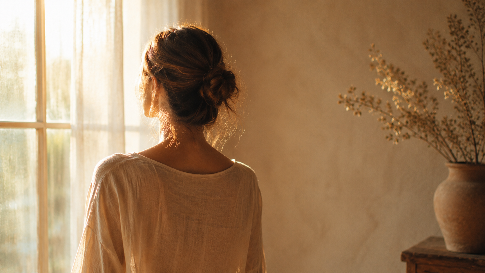 Peur de l'abandon : femme apaisée près d'une fenêtre, en chemin pour s'en libérer